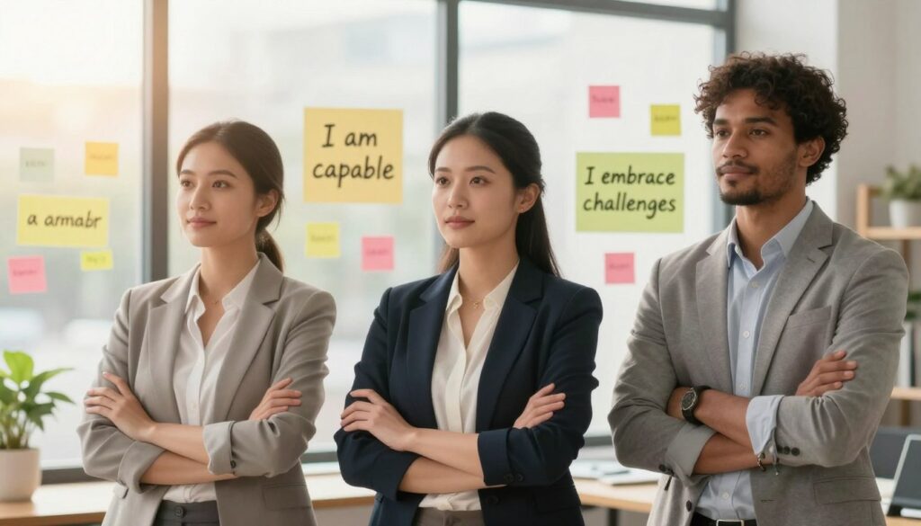 Create a serene and inspiring scene depicting the theme of self-affirmation and confidence. In the foreground, a diverse group of three individuals (one female and two males) dressed in professional business attire, standing confidently with relaxed but assertive postures, demonstrating self-assuredness. In the middle ground, incorporate a soft and inviting workspace with motivational sticky notes and affirmations displayed artistically, such as “I am capable” and “I embrace challenges.” The background should feature a large window revealing a bright, sunny day, signifying hope and optimism. Use soft, warm lighting to evoke a sense of calm and encouragement. The overall atmosphere should be uplifting and supportive, emphasizing the importance of integrating affirmations into daily routines. Create a serene and inspiring scene depicting the theme of self-affirmation and confidence. In the foreground, a diverse group of three individuals (one female and two males) dressed in professional business attire, standing confidently with relaxed but assertive postures, demonstrating self-assuredness. In the middle ground, incorporate a soft and inviting workspace with motivational sticky notes and affirmations displayed artistically, such as “I am capable” and “I embrace challenges.” The background should feature a large window revealing a bright, sunny day, signifying hope and optimism. Use soft, warm lighting to evoke a sense of calm and encouragement. The overall atmosphere should be uplifting and supportive, emphasizing the importance of integrating affirmations into daily routines.