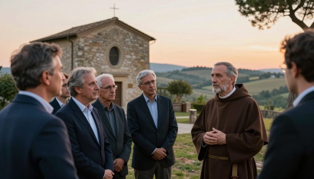 In a serene setting in San Giovanni Rotondo, depict a contemplative moment with St. Padre Pio, a middle-aged monk with a gentle expression, wearing a traditional brown habit. He is engaged in conversation with a small group of people, who are dressed in modest business attire, reflecting an air of respect and curiosity. The foreground features the group clustered together, showcasing their attentive faces, illuminated by soft, natural light. In the middle ground, a rustic chapel subtly conveys the historical significance of the location. The background captures the rolling hills of the Italian countryside, bathed in the warm hues of a setting sun, creating a tranquil and reverent atmosphere. The image conveys deep spirituality and introspection, ideal for illustrating a pivotal moment in faith. In a serene setting in San Giovanni Rotondo, depict a contemplative moment with St. Padre Pio, a middle-aged monk with a gentle expression, wearing a traditional brown habit. He is engaged in conversation with a small group of people, who are dressed in modest business attire, reflecting an air of respect and curiosity. The foreground features the group clustered together, showcasing their attentive faces, illuminated by soft, natural light. In the middle ground, a rustic chapel subtly conveys the historical significance of the location. The background captures the rolling hills of the Italian countryside, bathed in the warm hues of a setting sun, creating a tranquil and reverent atmosphere. The image conveys deep spirituality and introspection, ideal for illustrating a pivotal moment in faith.
