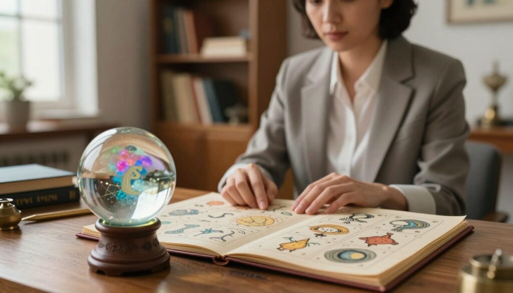 In a serene, softly lit room, a beautifully decorated sennik open on a wooden table, filled with intricate illustrations of dream symbols. The foreground features a glimmering crystal ball reflecting vibrant images of dreams, inviting exploration of the subconscious. In the middle ground, an elegant, professional-looking person in modest business attire studies the sennik, their expression thoughtful and curious. The background showcases shelves lined with books on dream interpretation, with gentle warm light filtering through a window, casting a tranquil glow. The atmosphere is reflective and introspective, evoking a sense of discovery and self-understanding, perfect for anyone delving into the meanings of dreams.