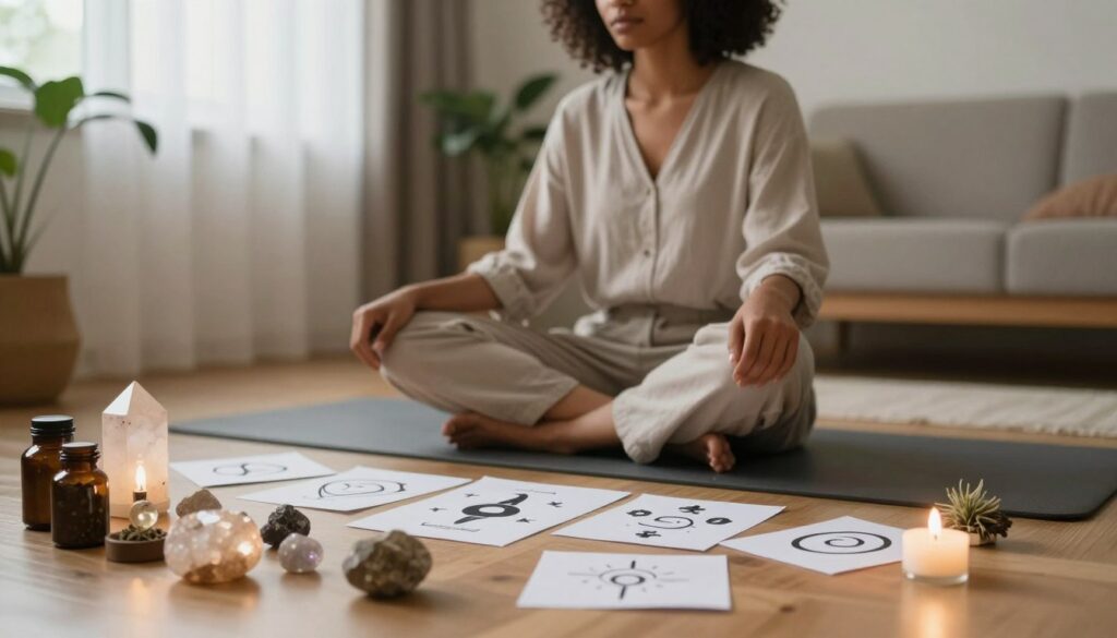 Visualize a serene and contemplative workspace that embodies the nuances of energy work, highlighting common mistakes. In the foreground, a collection of assorted crystals and herbal remedies is gently illuminated by soft, warm lighting, creating an inviting atmosphere. In the middle, a person of diverse descent, dressed in modest, professional attire, is seated cross-legged on a comfortable mat, looking pensive while surrounded by scattered notes depicting energy symbols—symbolizing confusion and missteps in energy practices. In the background, a tranquil indoor setting with soft curtains filtering natural light, indoor plants, and calming hues evokes a sense of peace. Aim for a balanced composition that communicates contemplation, inviting viewers to reflect on their own energy work practices while emphasizing the theme of avoiding pitfalls.